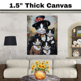 Victorian Springtime: Tuxedo Cat Mom and Three Kittens in Floral Dresses on Ready to Hang 1.5" Thick Canvas Wrap, Floating Framed Canvas, Flat Rolled Canvas