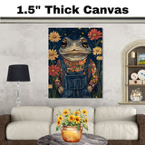 Whimsical Toad Art Print Frog in Floral Shirt Overalls Cute Animal Painting for Nursery Kids Room Nature Inspired Decor Night Sky Theme Frog Artwork on Ready to Hang 1.5" Thick Canvas Wrap, Floating Framed Canvas, Flat Rolled Canvas