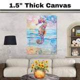 Whimsical Watercolor Painting of a Jewel-Toned Seahorse with Ocean Waves and Sunset Sky on Ready to Hang 1.5" Thick Canvas Wrap, Floating Framed Canvas, Flat Rolled Canvas