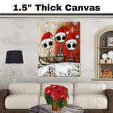 Cute Skeleton Trio Sleigh Ride Christmas Art Print – Whimsical Gothic Holiday Decor with Santa Hats & Gifts, Alternative Winter Wall Art for Spooky Season Lovers on Ready to Hang 1.5" Thick Canvas Wrap, Floating Framed Canvas, Flat Rolled Canvas