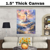 Charming Lighthouse by Ocean Shore at Sunset with Beach Path Seabirds and Colorful Sky in Serene Watercolor Scene on Ready to Hang 1.5" Thick Canvas Wrap, Floating Framed Canvas, Flat Rolled Canvas