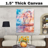 Watercolor Painting of a Ferris Wheel on a Pier with Colorful Reflections and Vibrant Skies at Sunset on Ready to Hang 1.5" Thick Canvas Wrap, Floating Framed Canvas, Flat Rolled Canvas