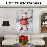 Christmas Wall Art Featuring Adorable Ice Skating Bunny in Red Coat and Holly Bow Whimsical Winter Illustration for Holiday Décor and Cute Animal Art Lovers on Ready to Hang 1.5" Thick Canvas Wrap, Floating Framed Canvas, Flat Rolled Canvas