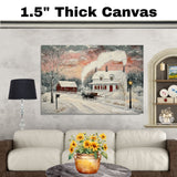 Holiday Farmhouse – Cozy Winter Home with Snow and Sleigh on Ready to Hang 1.5" Thick Canvas Wrap, Floating Framed Canvas, Flat Rolled Canvas