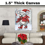 Whimsical Christmas Koala Bear Ice Skating in Red Scarf and Santa Hat – Cute Winter Animal Illustration for Holiday Decor, Nursery Art, or Festive Gifting on Ready to Hang 1.5" Thick Canvas Wrap, Floating Framed Canvas, Flat Rolled Canvas