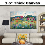Peaceful Folk Art Canvas – Colorful Village Houses and Wildflowers on Rolling Hills Under Blue Sky on Ready to Hang 1.5" Thick Canvas Wrap, Floating Framed Canvas, Flat Rolled Canvas