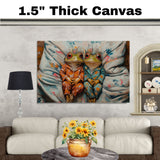 Whimsical Painting of Two Frogs in Colorful Pajamas Relaxing Side by Side on a Cozy Bed with Playful Expressions and a Textured Artistic Background on Ready to Hang 1.5" Thick Canvas Wrap, Floating Framed Canvas, Flat Rolled Canvas