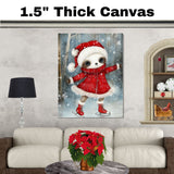Whimsical Christmas Sloth Ice Skating Art – Red Santa Coat & Hat Winter Print, Cute Holiday Nursery Decor, Cozy Woodland Animal Illustration Wall Art on Ready to Hang 1.5" Thick Canvas Wrap, Floating Framed Canvas, Flat Rolled Canvas
