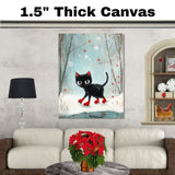 Christmas Wall Art Featuring Black Cat in Red Skates Gliding on Ice in Snowy Forest Whimsical Holiday Illustration Perfect for Cat Lovers and Winter Home Decor on Ready to Hang 1.5" Thick Canvas Wrap, Floating Framed Canvas, Flat Rolled Canvas