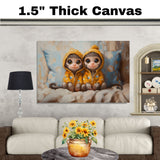Delightful Painting of Two Monkeys in Yellow Hooded Jackets Sitting Side by Side with Big Eyes and Happy Expressions on a Soft Bed with Blue Pillows on Ready to Hang 1.5" Thick Canvas Wrap, Floating Framed Canvas, Flat Rolled Canvas
