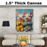 Adorable Painting of Two Cute Piglets in Colorful Pajamas Holding Hands with Happy Smiles Perfect for Farm Animal Lovers and Whimsical Nursery Themes on Ready to Hang 1.5" Thick Canvas Wrap, Floating Framed Canvas, Flat Rolled Canvas
