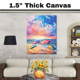 Watercolor Painting of Colorful Beach Umbrellas and Seagulls at Sunset on Ready to Hang 1.5" Thick Canvas Wrap, Floating Framed Canvas, Flat Rolled Canvas