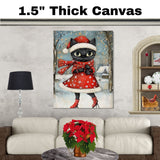 Christmas Wall Art Featuring Cute Black Cat in Red Santa Dress Ice Skating Through a Snowy Forest Whimsical Holiday Illustration for Winter Decor and Cat Lovers on Ready to Hang 1.5" Thick Canvas Wrap, Floating Framed Canvas, Flat Rolled Canvas