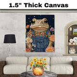 Whimsical Toad Art Print Frog in Overalls Floral Shirt Cute Animal Painting for Nursery Kids Room Nature Inspired Wall Decor Playful Frog Themed Accent on Ready to Hang 1.5" Thick Canvas Wrap, Floating Framed Canvas, Flat Rolled Canvas