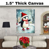 Whimsical Christmas Penguin Ice Skating with Santa Hat and Red Scarf – Holiday Winter Animal Art for Nursery, Kids’ Room, Gifts, or Seasonal Wall Display on Ready to Hang 1.5" Thick Canvas Wrap, Floating Framed Canvas, Flat Rolled Canvas