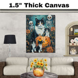 Haunting Whiskers: Tuxedo Cat Mom and Three Kittens in a Spooky Forest on Ready to Hang 1.5" Thick Canvas Wrap, Floating Framed Canvas, Flat Rolled Canvas