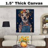 Dog Wearing Overalls and Floral Crown Art Whimsical Animal Painting for Nursery Farmhouse Decor Dog Lover Gift Cute Rustic Wall Print for Bedroom or Living Room on Ready to Hang 1.5" Thick Canvas Wrap, Floating Framed Canvas, Flat Rolled Canvas
