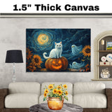 Whimsical Halloween Night with White Cat on Jack-o’-Lantern, Sunflowers, Glowing Ghosts, and a Starry Swirled Sky on Ready to Hang 1.5" Thick Canvas Wrap, Floating Framed Canvas, Flat Rolled Canvas