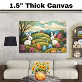 Playful Easter Bunnies with Colorful Eggs in Spring Hills – Whimsical Folk Art Wall Print on Ready to Hang 1.5" Thick Canvas Wrap, Floating Framed Canvas, Flat Rolled Canvas