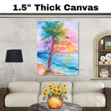 Tropical Palm Tree and Ocean Waves Watercolor Painting with Sunset Sky on Ready to Hang 1.5" Thick Canvas Wrap, Floating Framed Canvas, Flat Rolled Canvas