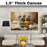 Sweet Painting of Two Koalas in Floral Pajamas Sitting on a Bed Surrounded by Pillows and Yellow Blooms with Soft Expressions and a Cozy Atmosphere on Ready to Hang 1.5" Thick Canvas Wrap, Floating Framed Canvas, Flat Rolled Canvas