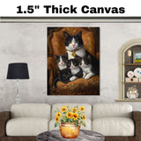 Victorian Elegance: Tuxedo Cat Mom with Four Kittens on a European Style Couch on Ready to Hang 1.5" Thick Canvas Wrap, Floating Framed Canvas, Flat Rolled Canvas