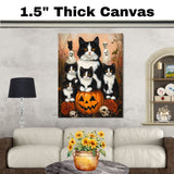 Haunting Whispers: Tuxedo Cat Mom and Four Kittens in a Spooky Forest on Ready to Hang 1.5" Thick Canvas Wrap, Floating Framed Canvas, Flat Rolled Canvas