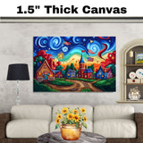 Colorful 4th of July Village with Fireworks, American Flags, and Swirling Sky, Whimsical Sunset Scene with Bold Colors and Playful Patriotic Celebration on Ready to Hang 1.5" Thick Canvas Wrap, Floating Framed Canvas, Flat Rolled Canvas