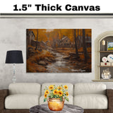 Autumn Country Road with Stream – Rustic Fall Landscape Oil Painting Print on Ready to Hang 1.5" Thick Canvas Wrap, Floating Framed Canvas, Flat Rolled Canvas