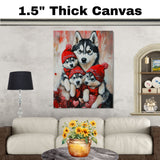 Warm Embrace: Siberian Husky Mom and Her Three Puppies in Cozy Red Scarves and Hats on Ready to Hang 1.5" Thick Canvas Wrap, Floating Framed Canvas, Flat Rolled Canvas