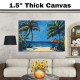 Tropical Beach Scene – Colorful Palm Tree and Ocean Folk Art Print on Ready to Hang 1.5" Thick Canvas Wrap, Floating Framed Canvas, Flat Rolled Canvas