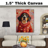 Cozy Heart: Bernese Mountain Dog in a Red Winter Jacket and Hat - Whimsical Seasonal Artwork on Ready to Hang 1.5" Thick Canvas Wrap, Floating Framed Canvas, Flat Rolled Canvas