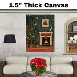 Cozy Christmas Folk Art Scene with Decorated Tree, Fireplace, Garland, Gifts, and Festive Birds in a Warm Holiday on Ready to Hang 1.5" Thick Canvas Wrap, Floating Framed Canvas, Flat Rolled Canvas