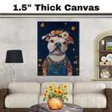 Cute Plump Dog in Overalls Painting Adorable Floral Crown Pup Artwork Perfect for Cozy Home Office Nursery Dog Lovers Wall Decor Gift for Pet and Art Enthusiasts on Ready to Hang 1.5" Thick Canvas Wrap, Floating Framed Canvas, Flat Rolled Canvas