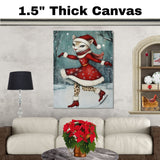 Whimsical Christmas Wall Art Featuring Elegant Cougar in Red Dress Ice Skating Through Snowy Forest – Holiday Decor for Animal Lovers and Winter Magic Fans on Ready to Hang 1.5" Thick Canvas Wrap, Floating Framed Canvas, Flat Rolled Canvas