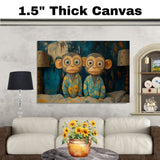 Whimsical Painting of Two Monkeys in Blue Floral Pajamas Sitting on a Bed Between Lamps with Playful Expressions and a Dark Teal Abstract Background on Ready to Hang 1.5" Thick Canvas Wrap, Floating Framed Canvas, Flat Rolled Canvas