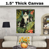 Jungle Retreat: Tuxedo Cat Mom and Four Kittens Exploring a Lush Tropical Paradise on Ready to Hang 1.5" Thick Canvas Wrap, Floating Framed Canvas, Flat Rolled Canvas