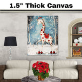 Whimsical Christmas Giraffe Ice Skating in Snowy Forest with Red Polka Dots and Festive Saddle – Unique Holiday Animal Art Perfect for Winter Decor or Gifts on Ready to Hang 1.5" Thick Canvas Wrap, Floating Framed Canvas, Flat Rolled Canvas