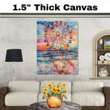 Watercolor Painting of a Ferris Wheel on a Pier at Sunset with Ocean Reflections and Vibrant Sky in Coastal Theme on Ready to Hang 1.5" Thick Canvas Wrap, Floating Framed Canvas, Flat Rolled Canvas