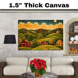 Charming Folk Art Landscape with Rolling Hills, Cozy Houses, and a Glowing Sunset Sky Full of Stars on Ready to Hang 1.5" Thick Canvas Wrap, Floating Framed Canvas, Flat Rolled Canvas