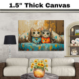 Painting of Two Adorable Kittens in Pajamas Sitting Side by Side on a Colorful Couch with Big Green Eyes and Cute Expressions in a Cozy Whimsical Scene on Ready to Hang 1.5" Thick Canvas Wrap, Floating Framed Canvas, Flat Rolled Canvas