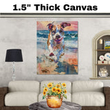 Watercolor Dog Running on Beach with Colorful Sunset and Splashing Surf in Vibrant Coastal Animal Art for Dog Lovers on Ready to Hang 1.5" Thick Canvas Wrap, Floating Framed Canvas, Flat Rolled Canvas