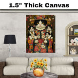 Blossom Embrace: Tuxedo Cat Mom Carrying Three Kittens in a Floral Wonderland on Ready to Hang 1.5" Thick Canvas Wrap, Floating Framed Canvas, Flat Rolled Canvas