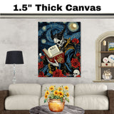Gothic Devil Reading the Bible – Surreal Starry Night & Skull Rose Aesthetic Dark Art Print on Ready to Hang 1.5" Thick Canvas Wrap, Floating Framed Canvas, Flat Rolled Canvas