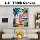 Watercolor Painting of Multicolored Surfboard on Beach Path with Sunset and Palm Trees on Ready to Hang 1.5" Thick Canvas Wrap, Floating Framed Canvas, Flat Rolled Canvas