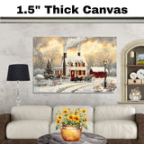 Winter Farmhouse – Cozy Snow-Covered Country Home with Red Barn, Trees and Horse Wall Art Print on Ready to Hang 1.5" Thick Canvas Wrap, Floating Framed Canvas, Flat Rolled Canvas