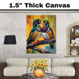 Mandarin Duck Pair in Vibrant Plumage Sitting on Branch Against Bold Yellow Artistic Backdrop Ideal for Wildlife Enthusiasts and Nature-Inspired Spaces on Ready to Hang 1.5" Thick Canvas Wrap, Floating Framed Canvas, Flat Rolled Canvas