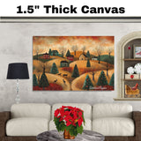 Charming Folk Art Christmas Village with Rolling Hills, Deer, Decorated Trees, and Cozy Homes at Sunset on Ready to Hang 1.5" Thick Canvas Wrap, Floating Framed Canvas, Flat Rolled Canvas