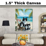 Seaside Serenity: Tuxedo Cat Mom and Three Kittens Relaxing on a Beach Chair on Ready to Hang 1.5" Thick Canvas Wrap, Floating Framed Canvas, Flat Rolled Canvas