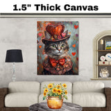 Victorian Grace: Cat in an Elegant European Flowery Dress and Hat with a Heartfelt Touch Charming Painting on Ready to Hang 1.5" Thick Canvas Wrap, Floating Framed Canvas, Flat Rolled Canvas